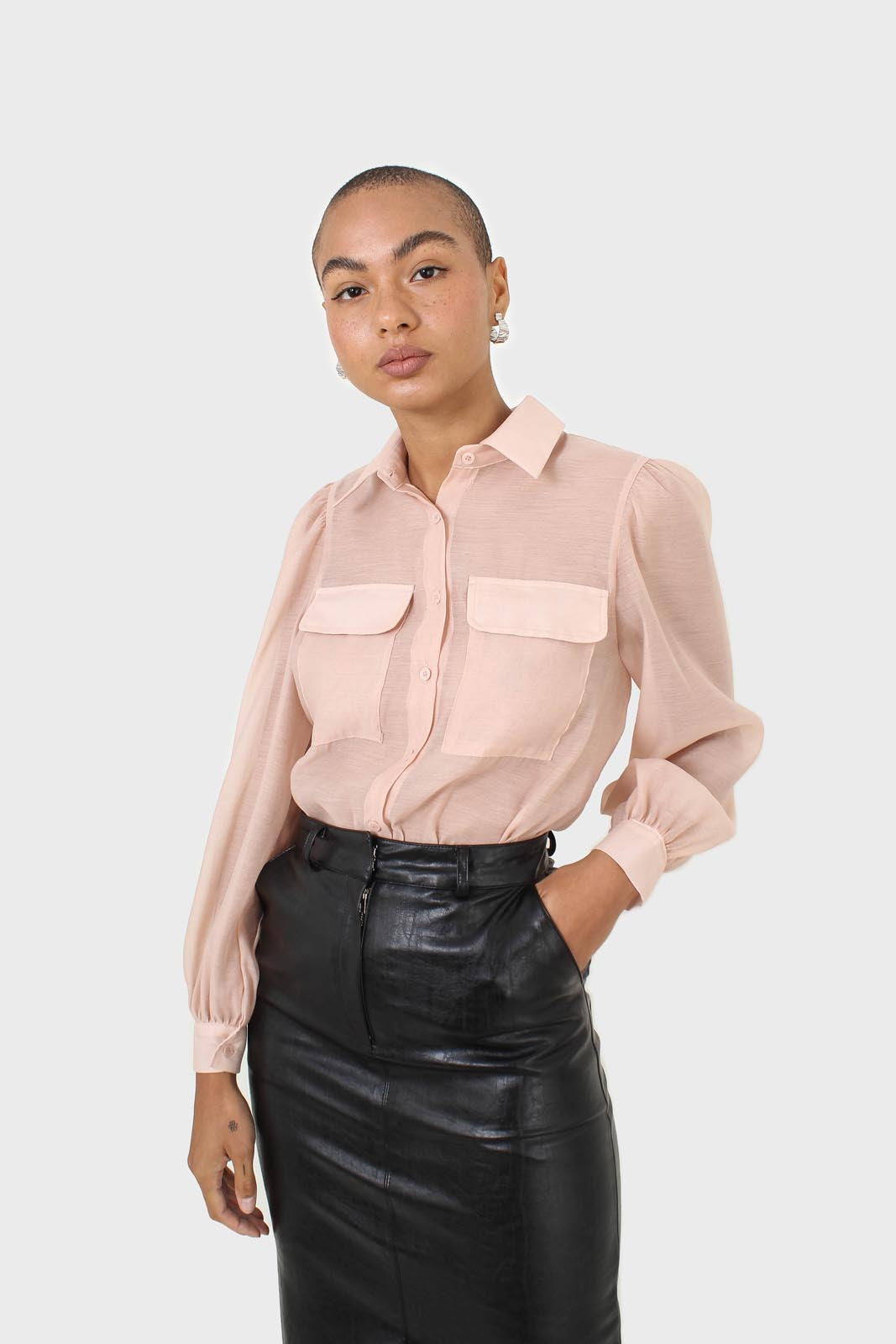 Pink and black pussy bow semi sheer blouse