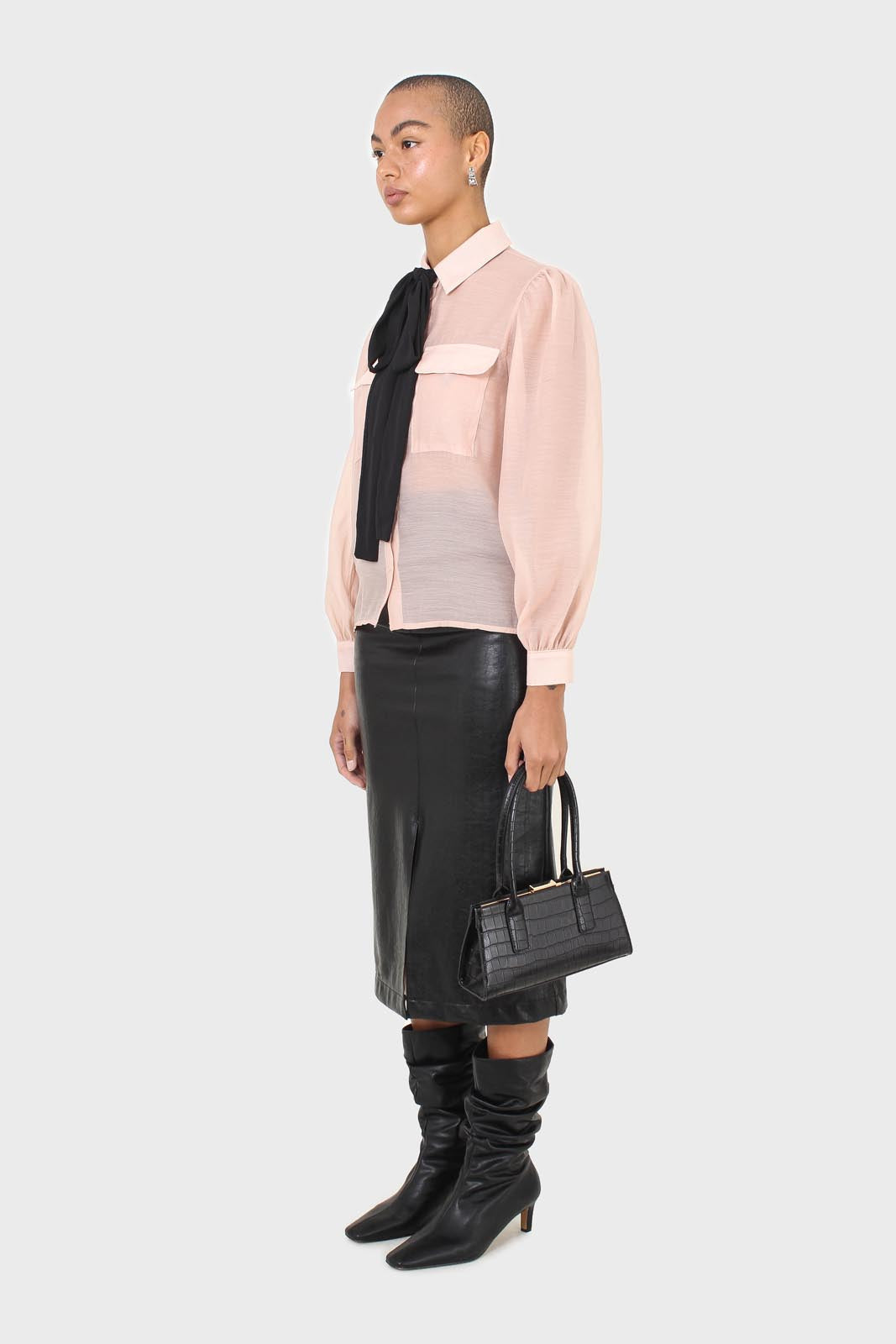 Pink and black pussy bow semi sheer blouse
