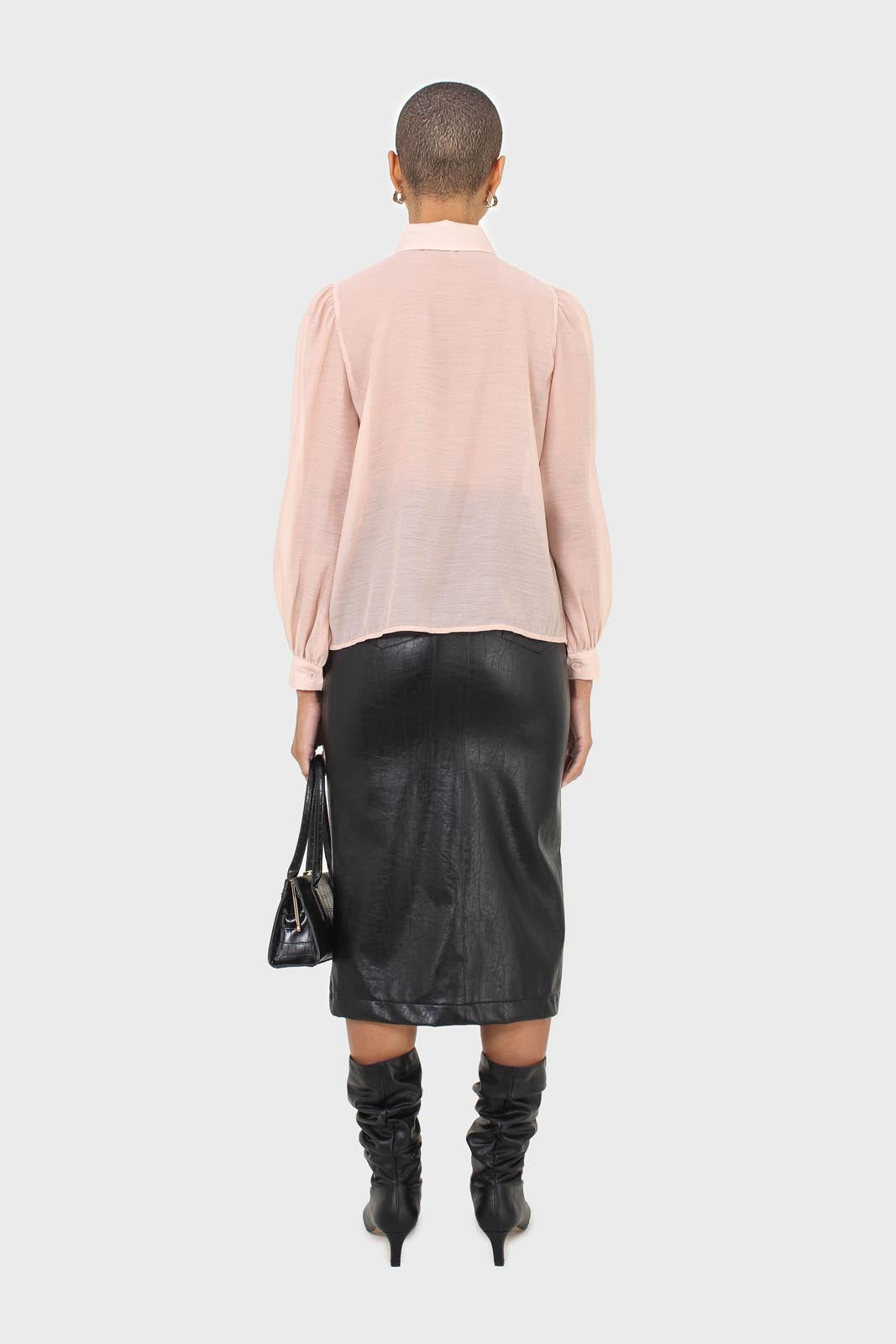 Pink and black pussy bow semi sheer blouse