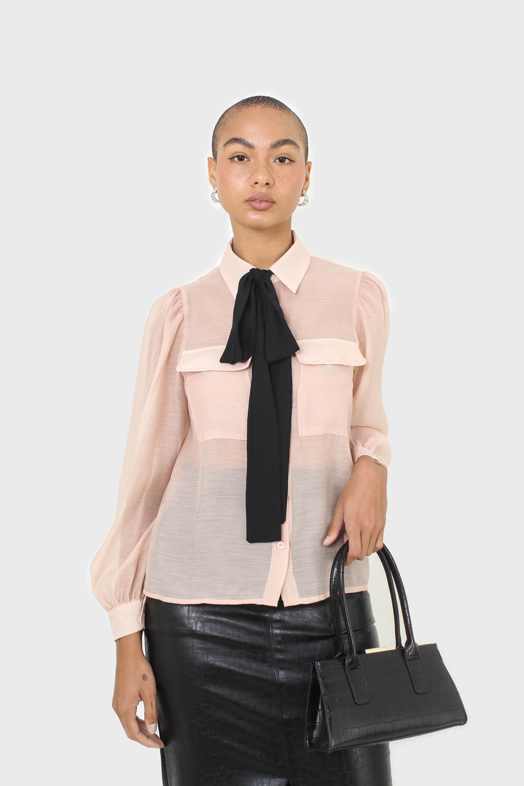 Pink and black pussy bow semi sheer blouse