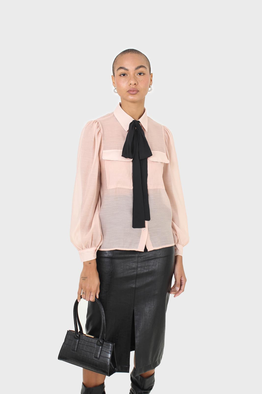 Pink and black pussy bow semi sheer blouse