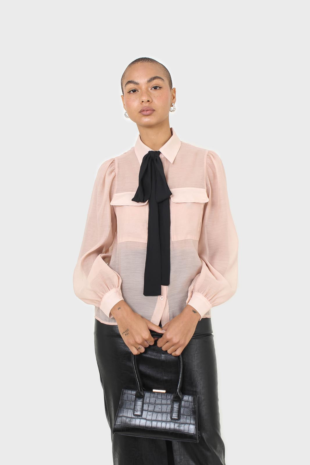 Pink and black pussy bow semi sheer blouse