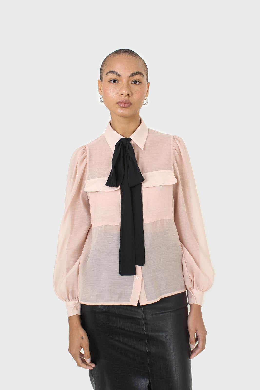 Pink and black pussy bow semi sheer blouse