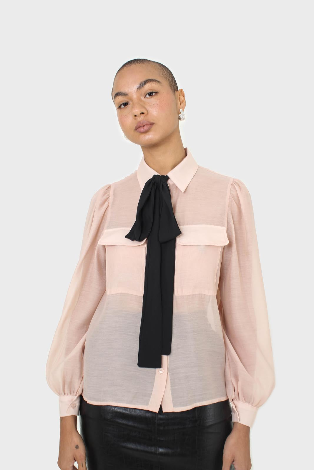 Pink and black pussy bow semi sheer blouse