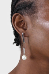 Silver chain link pearl earrings