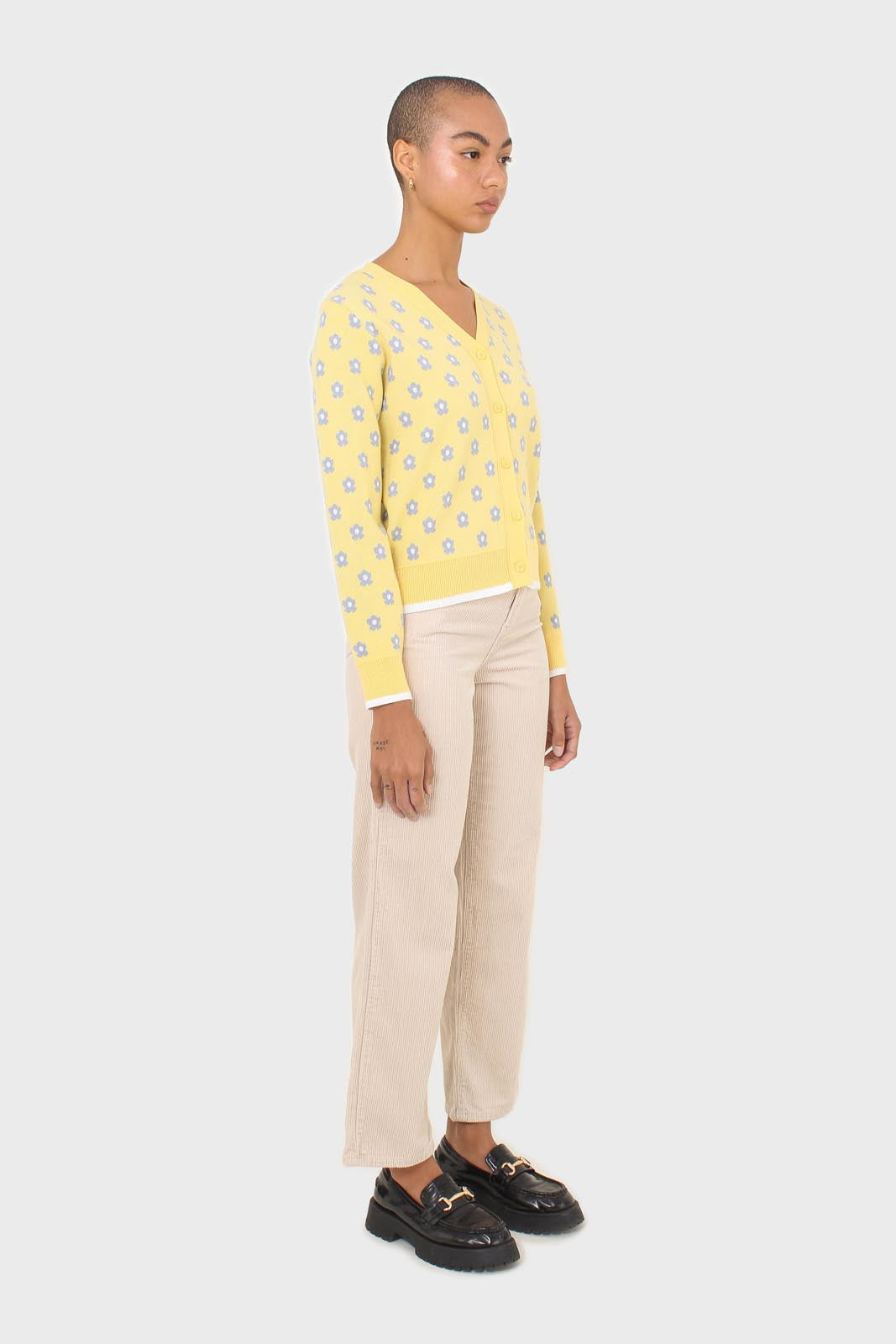 Yellow and blue intarsia daisy cardigan