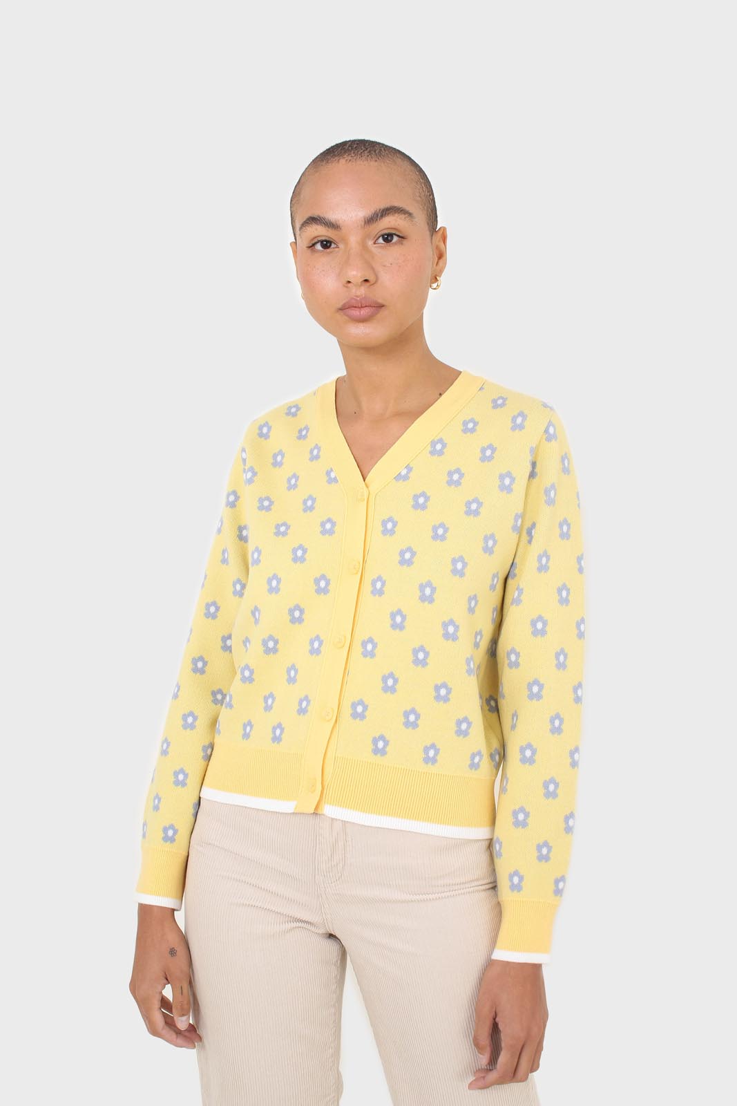 Yellow and blue intarsia daisy cardigan