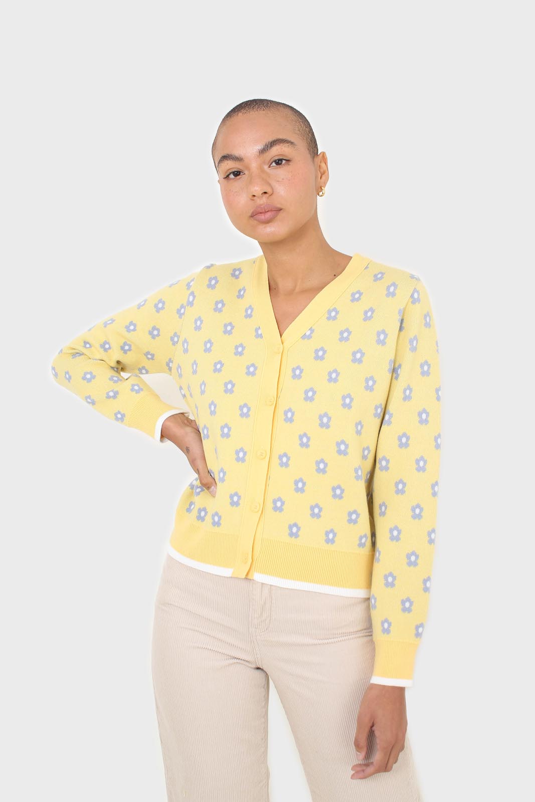 Yellow and blue intarsia daisy cardigan