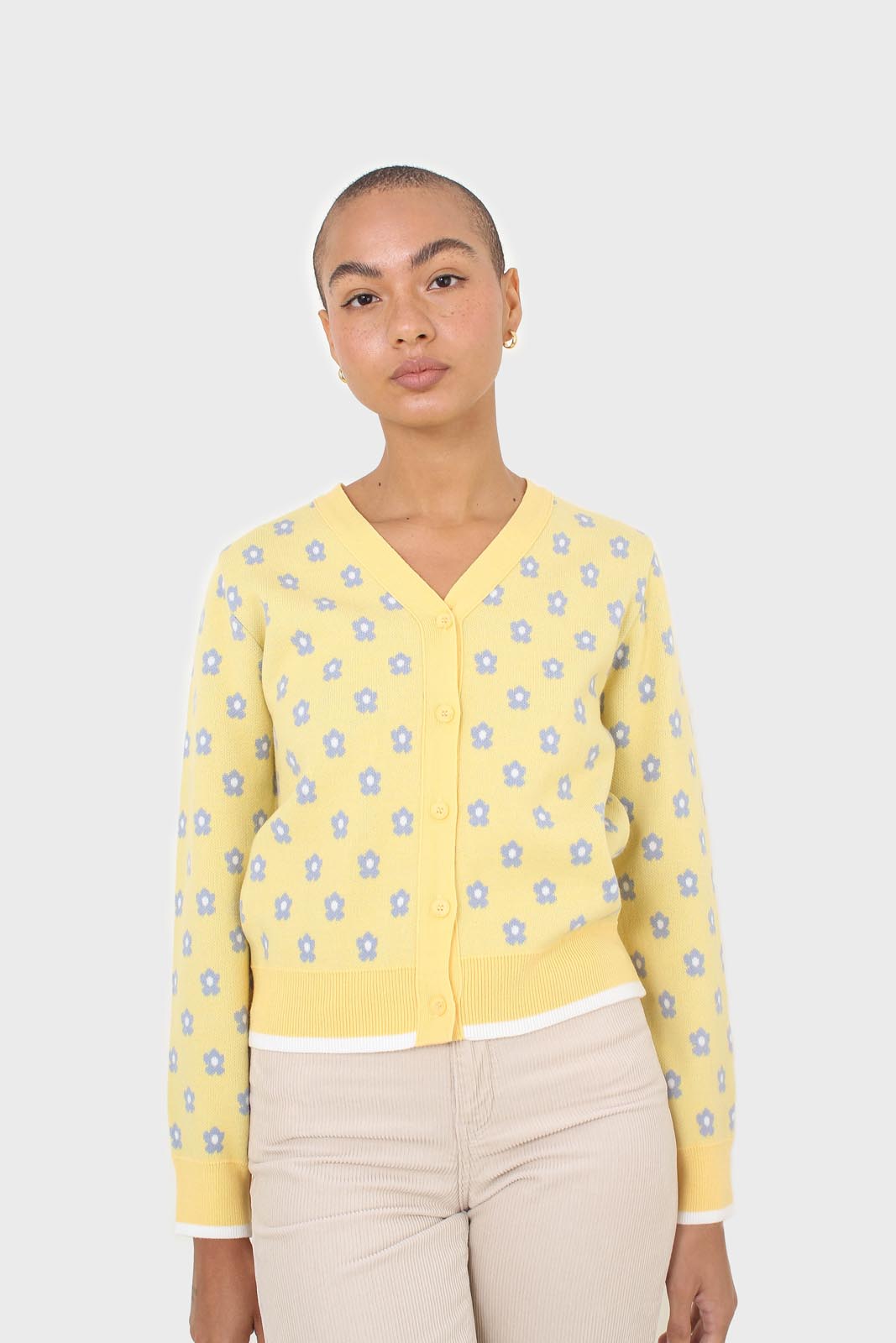 Yellow and blue intarsia daisy cardigan