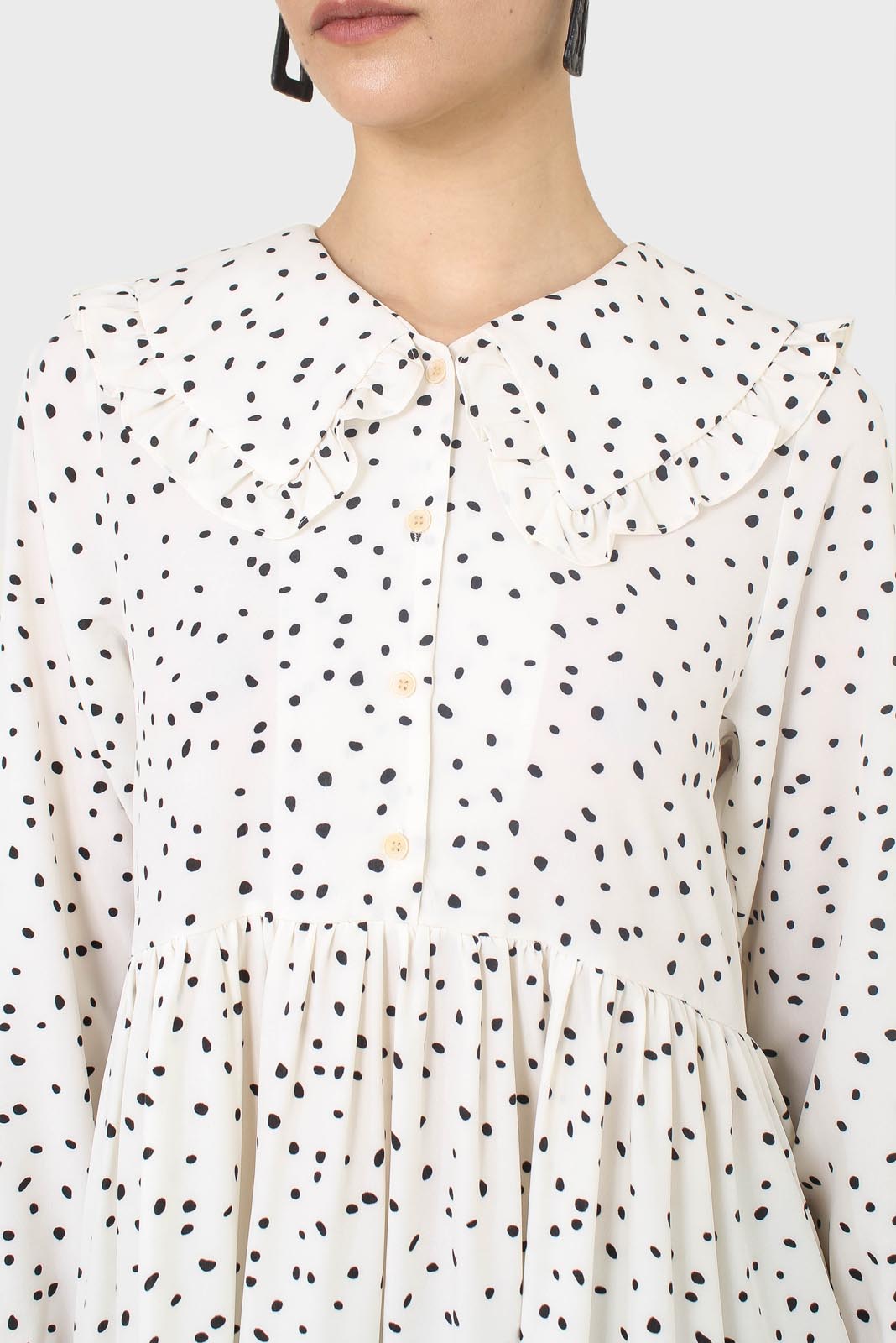 Ivory and black polka dot decorative collar dress