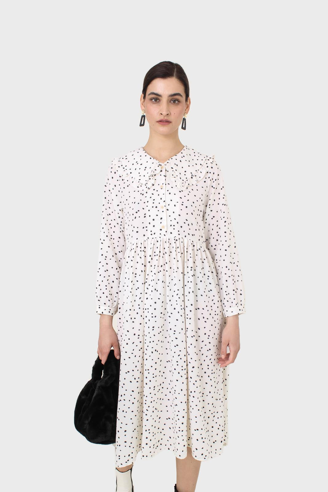 Ivory and black polka dot decorative collar dress