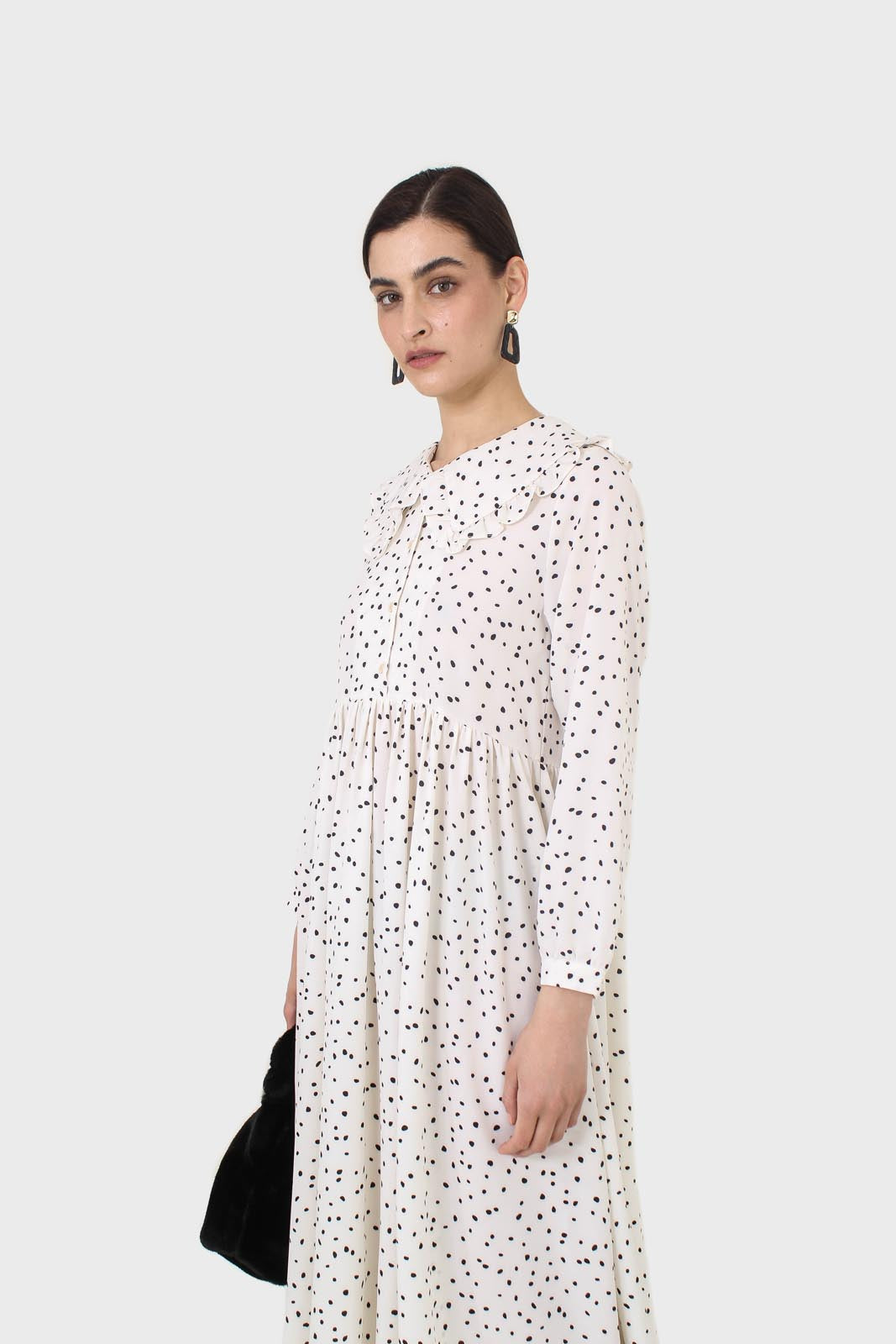 Ivory and black polka dot decorative collar dress