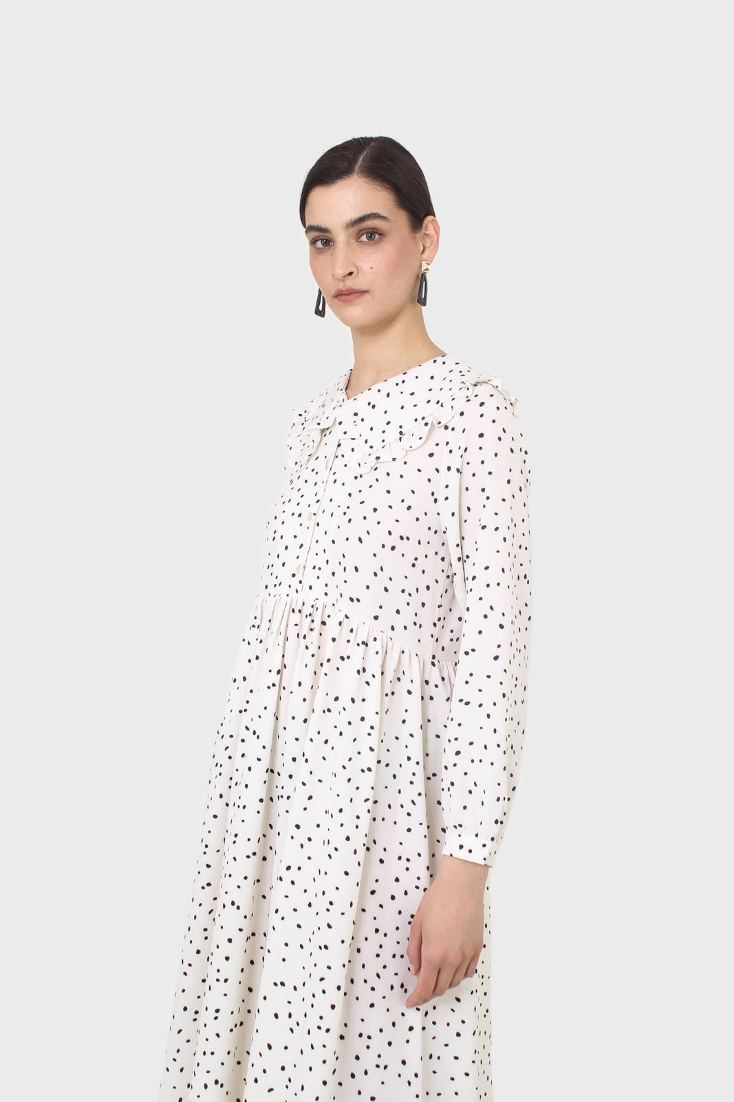 Ivory and black polka dot decorative collar dress
