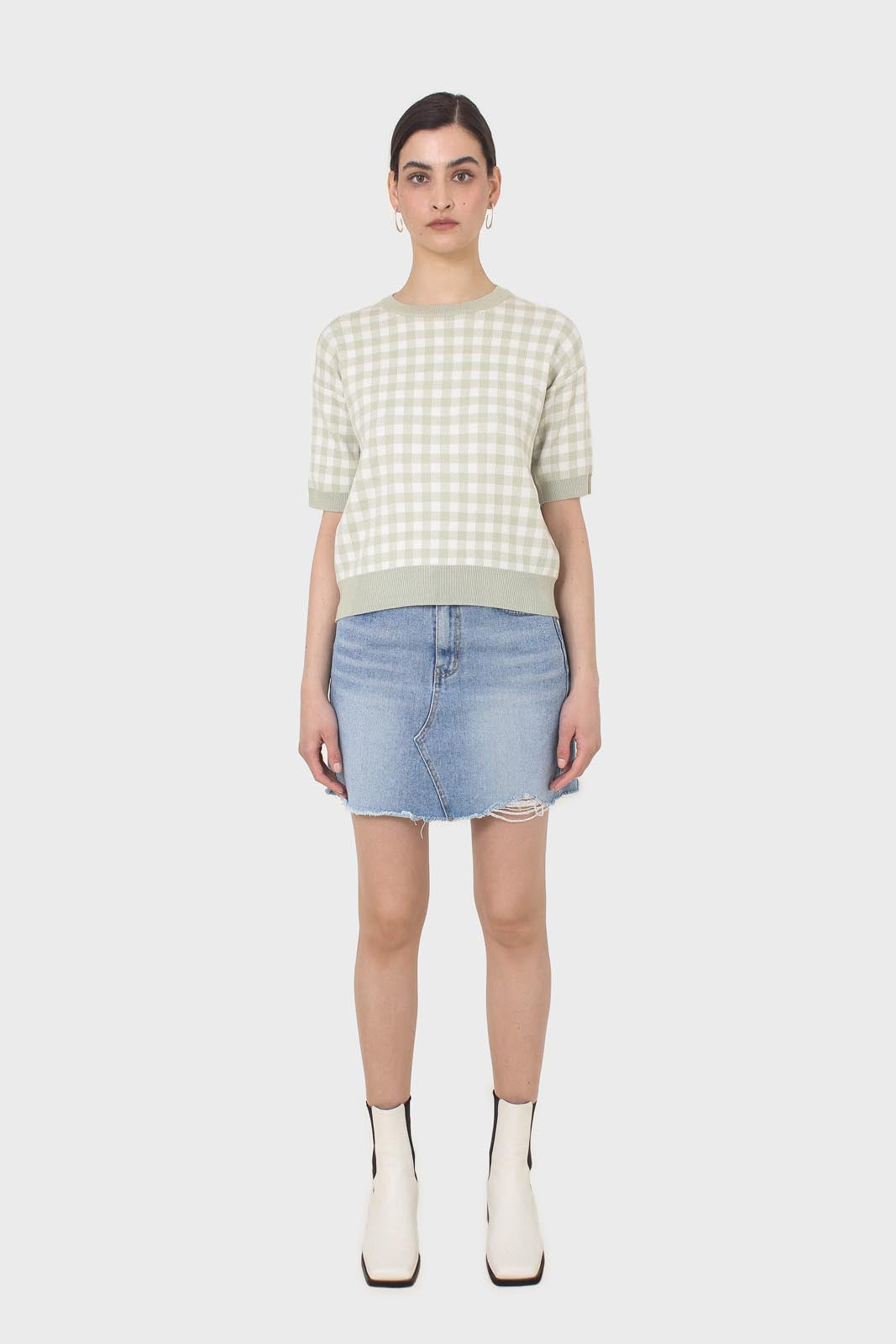 Green and ivory gingham check knit top
