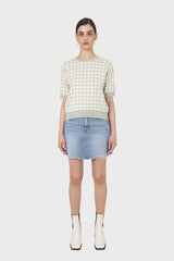Green and ivory gingham check knit top