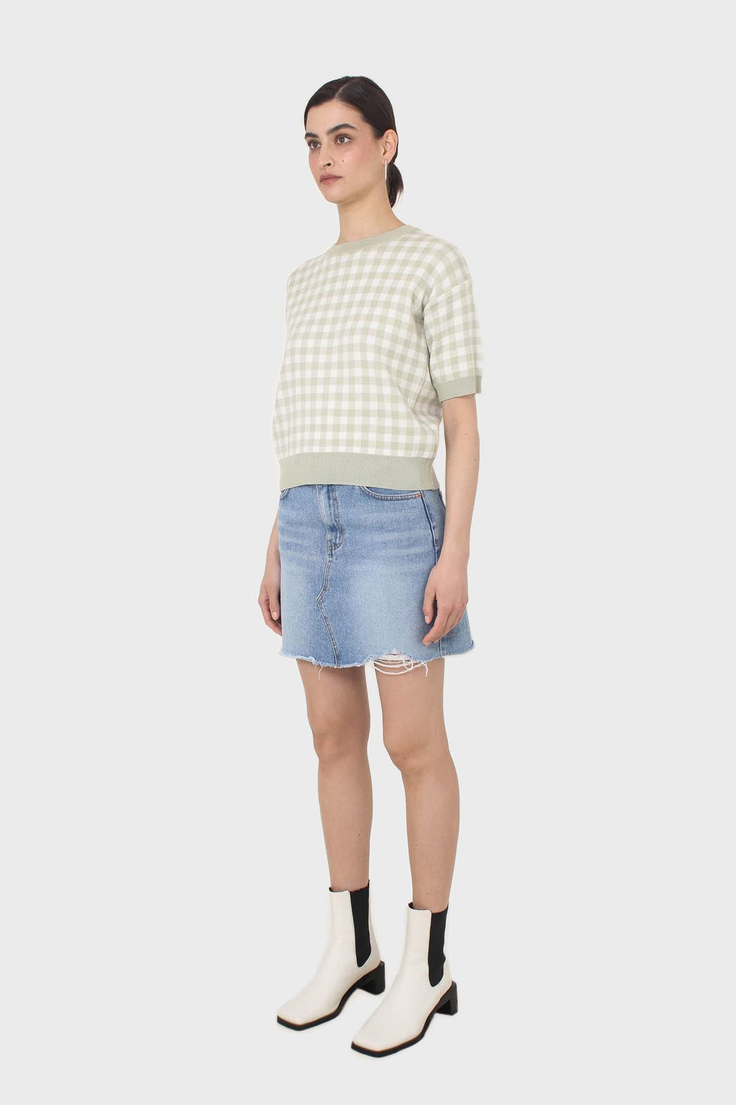 Green and ivory gingham check knit top
