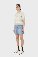 Green and ivory gingham check knit top