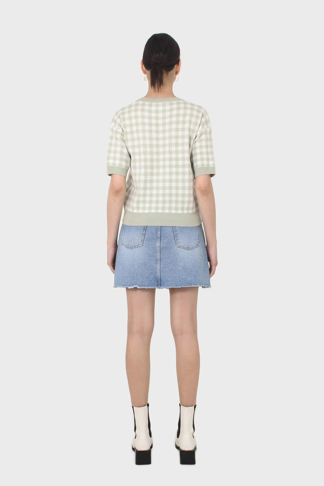 Green and ivory gingham check knit top