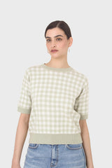 Green and ivory gingham check knit top