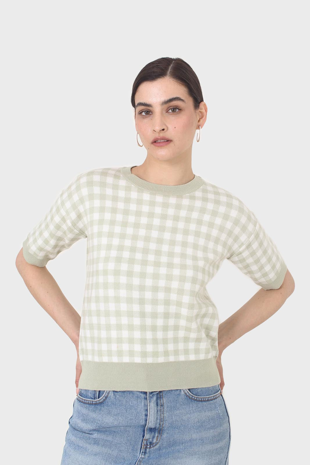 Green and ivory gingham check knit top