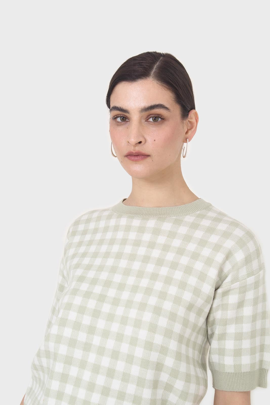 Green and ivory gingham check knit top