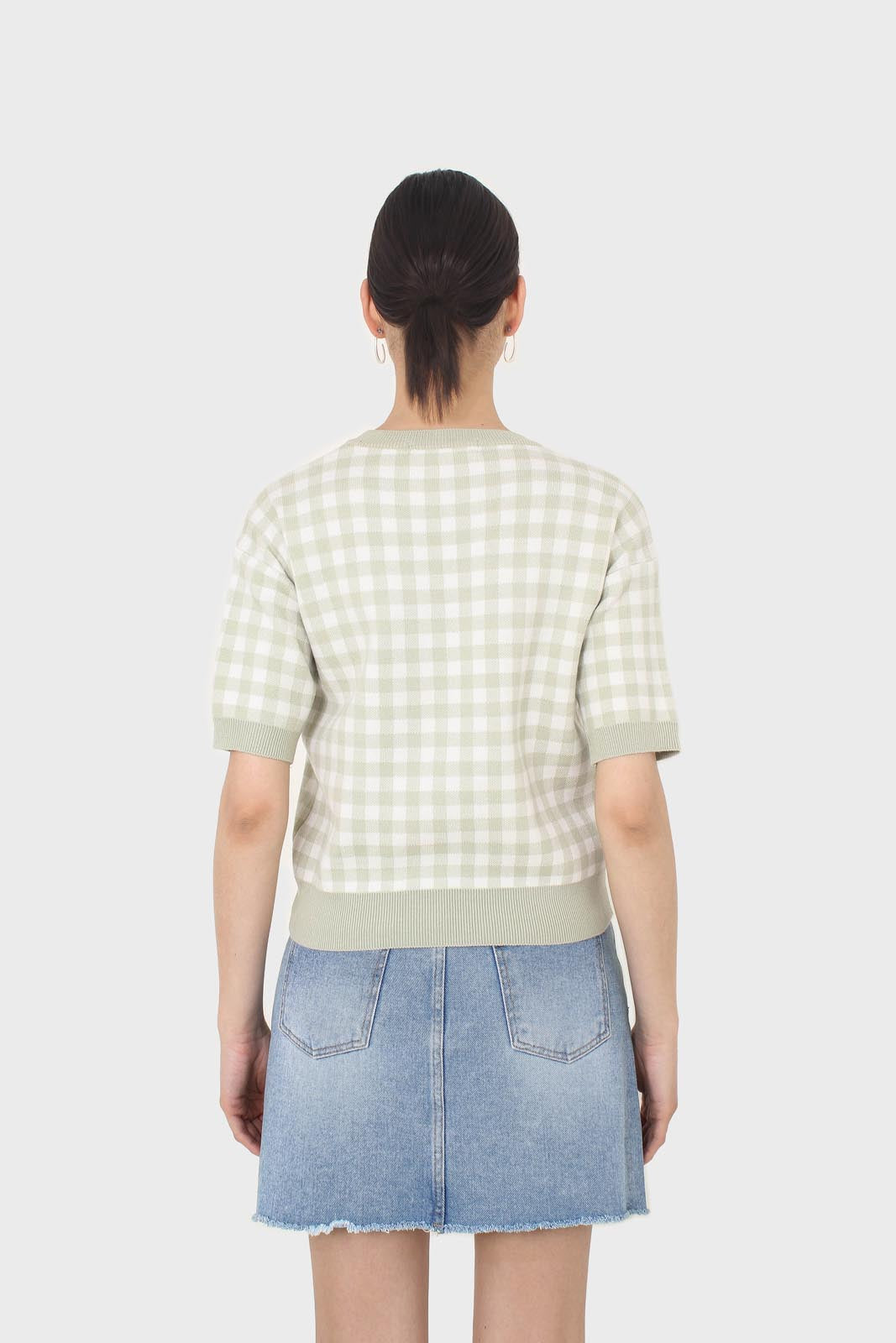Green and ivory gingham check knit top