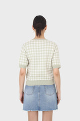 Green and ivory gingham check knit top