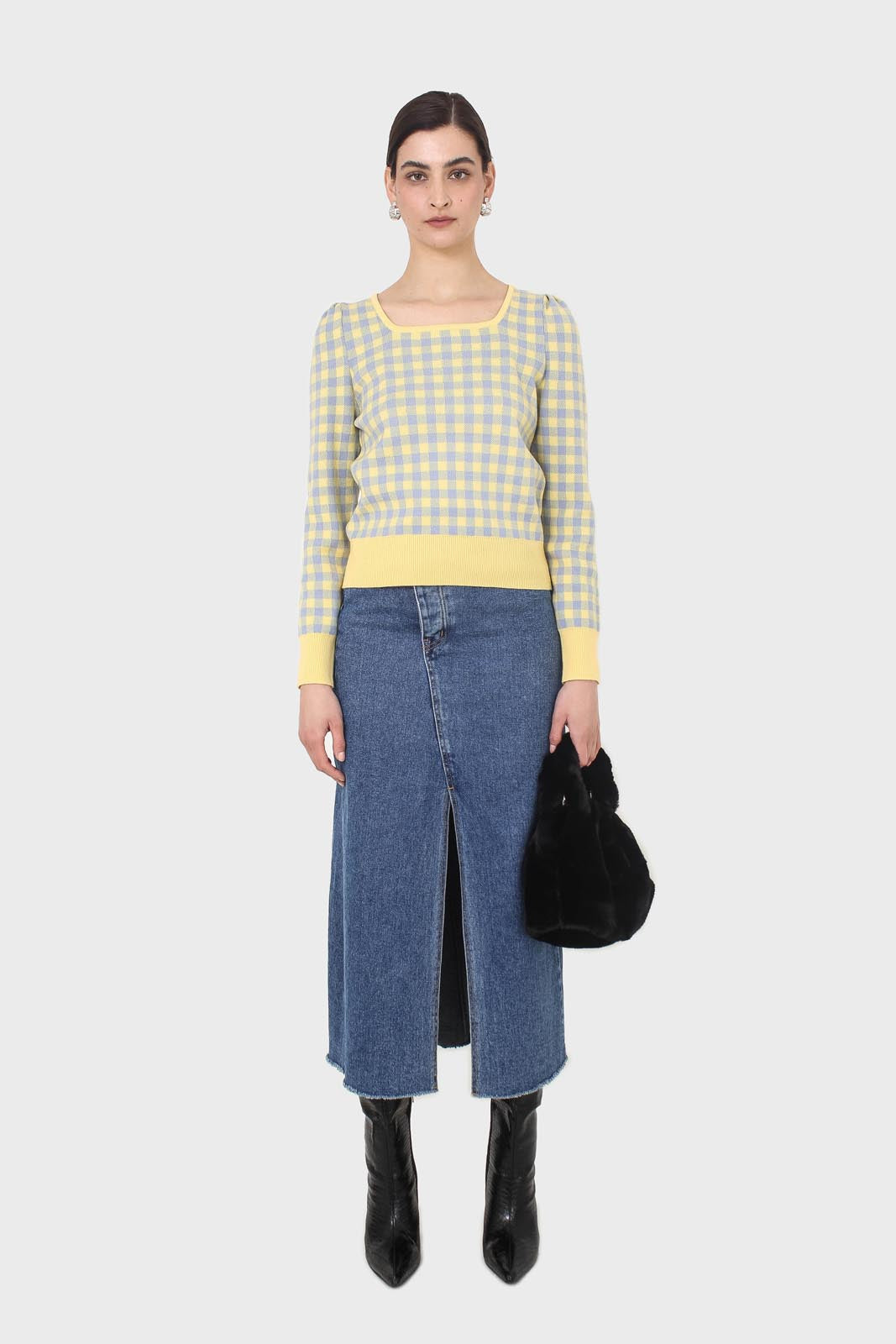 Yellow and blue checked knit top