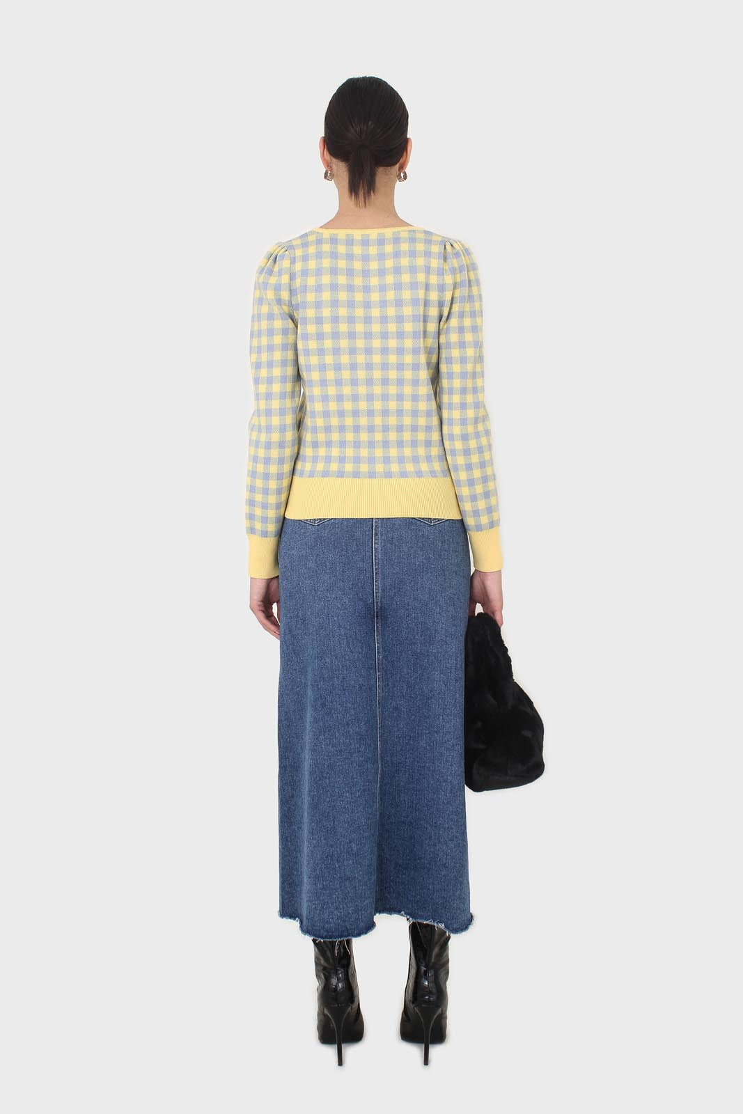 Yellow and blue checked knit top