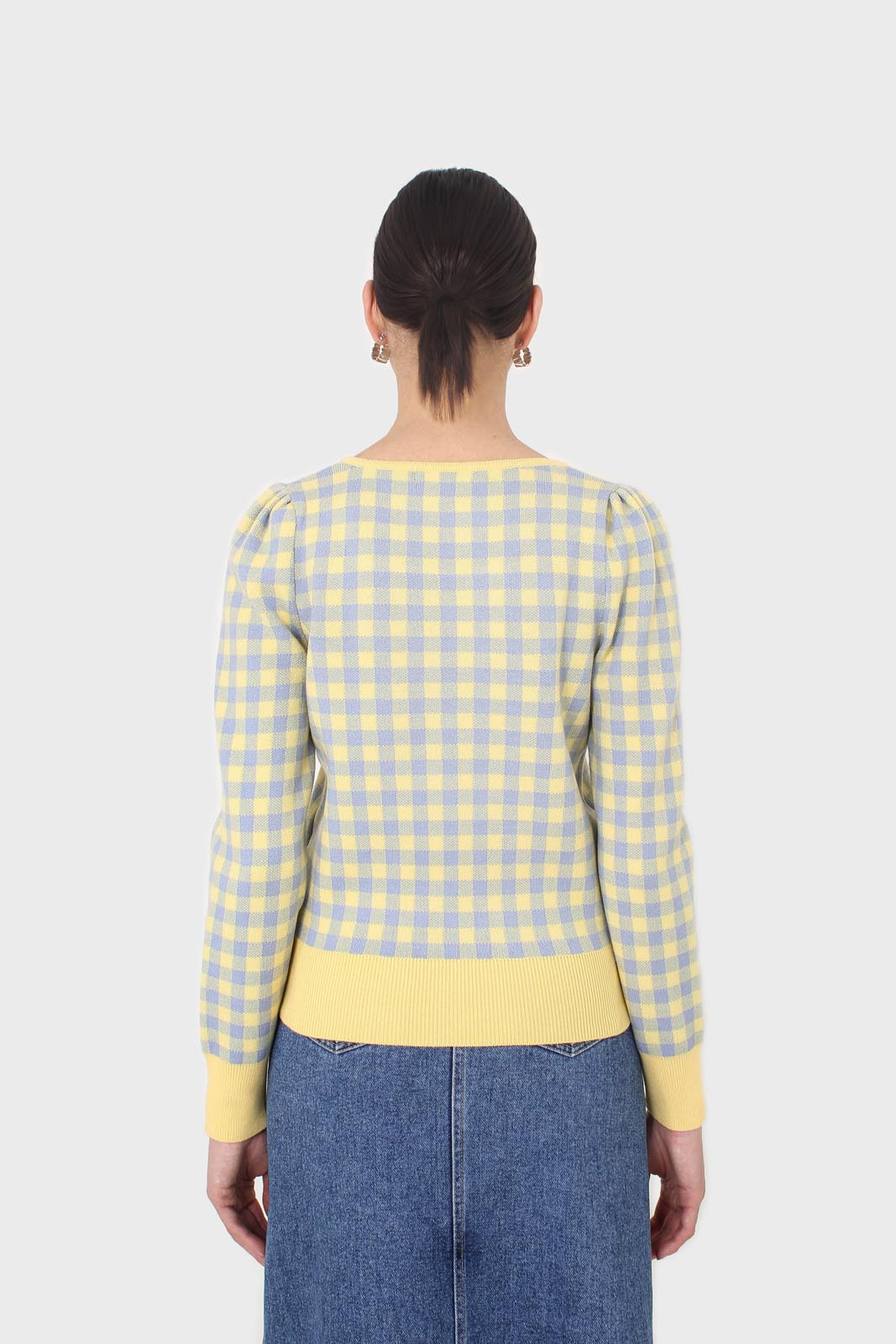 Yellow and blue checked knit top