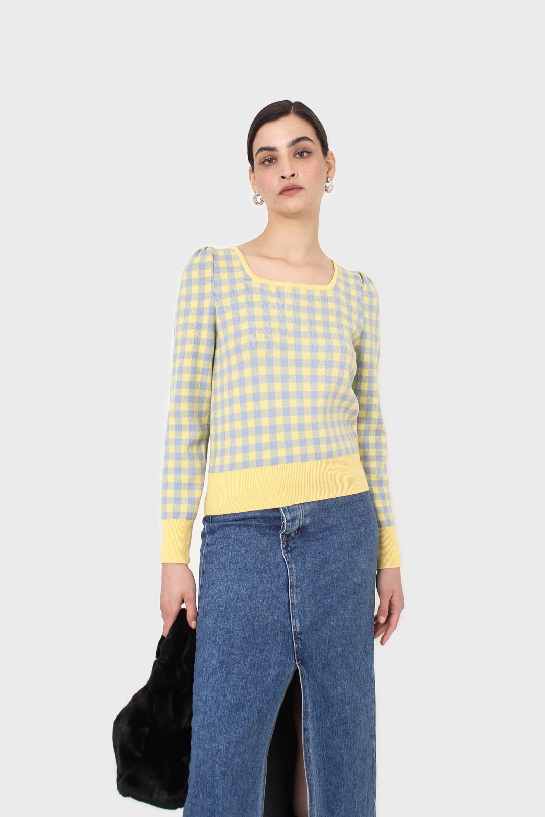 Yellow and blue checked knit top