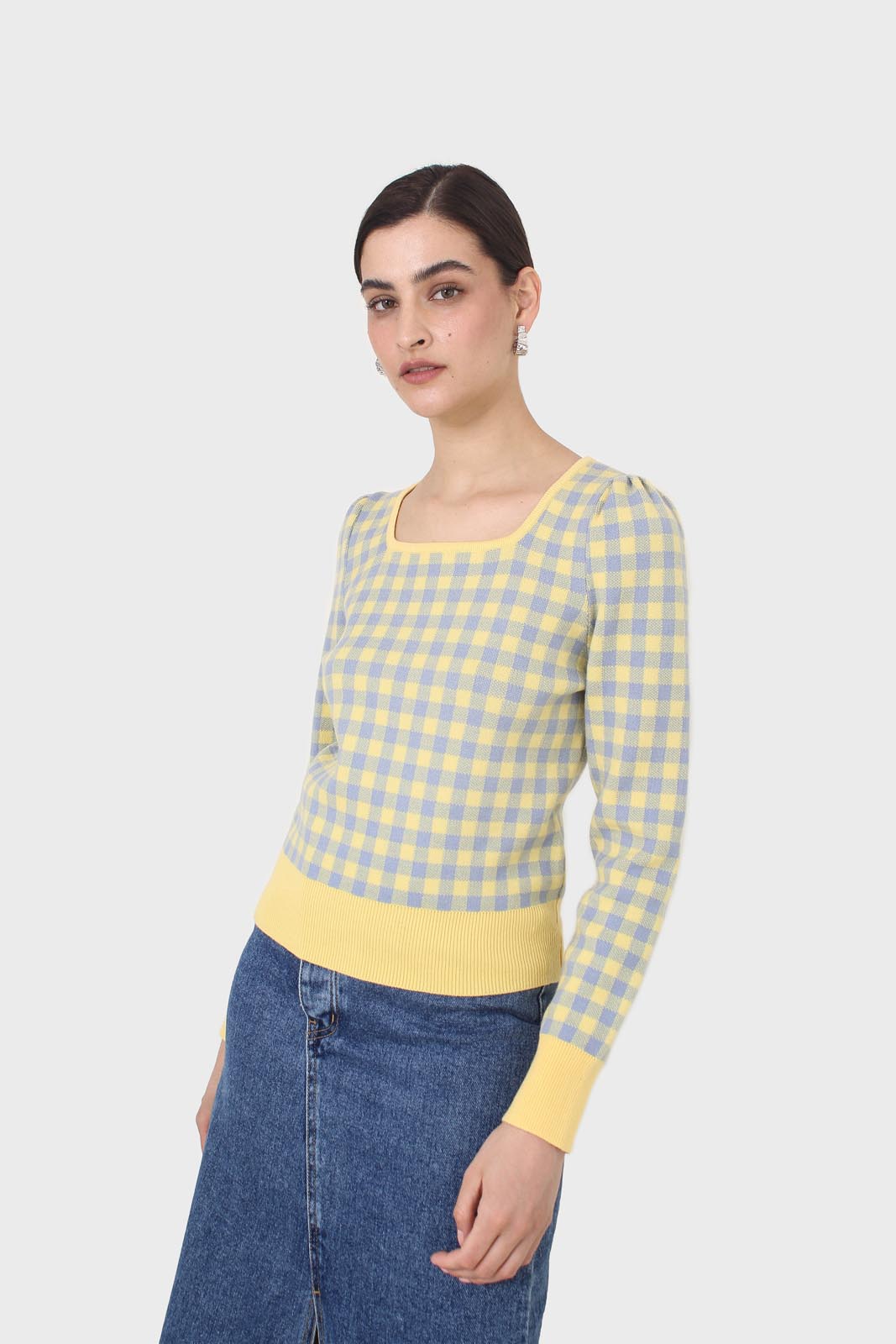 Yellow and blue checked knit top