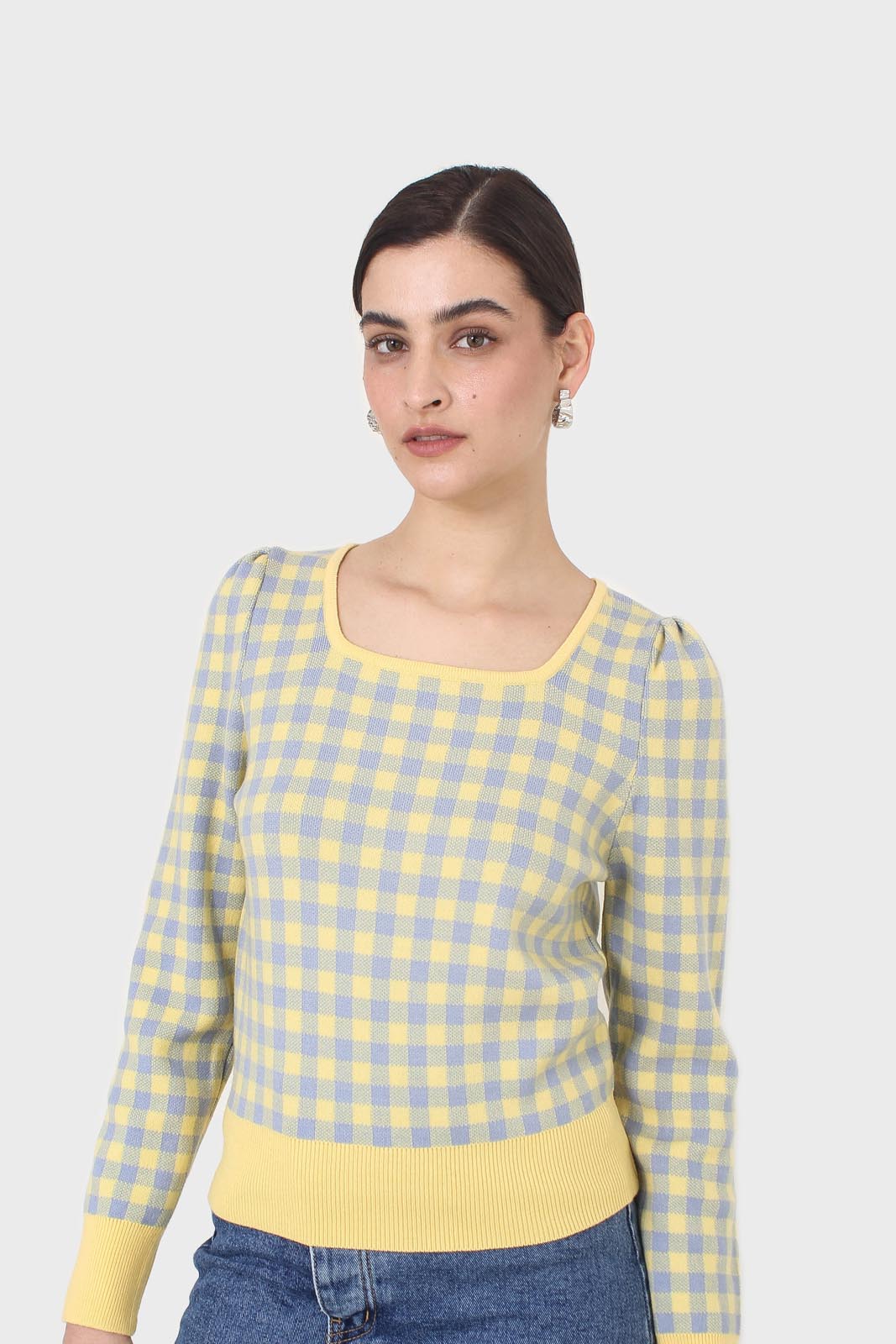 Yellow and blue checked knit top