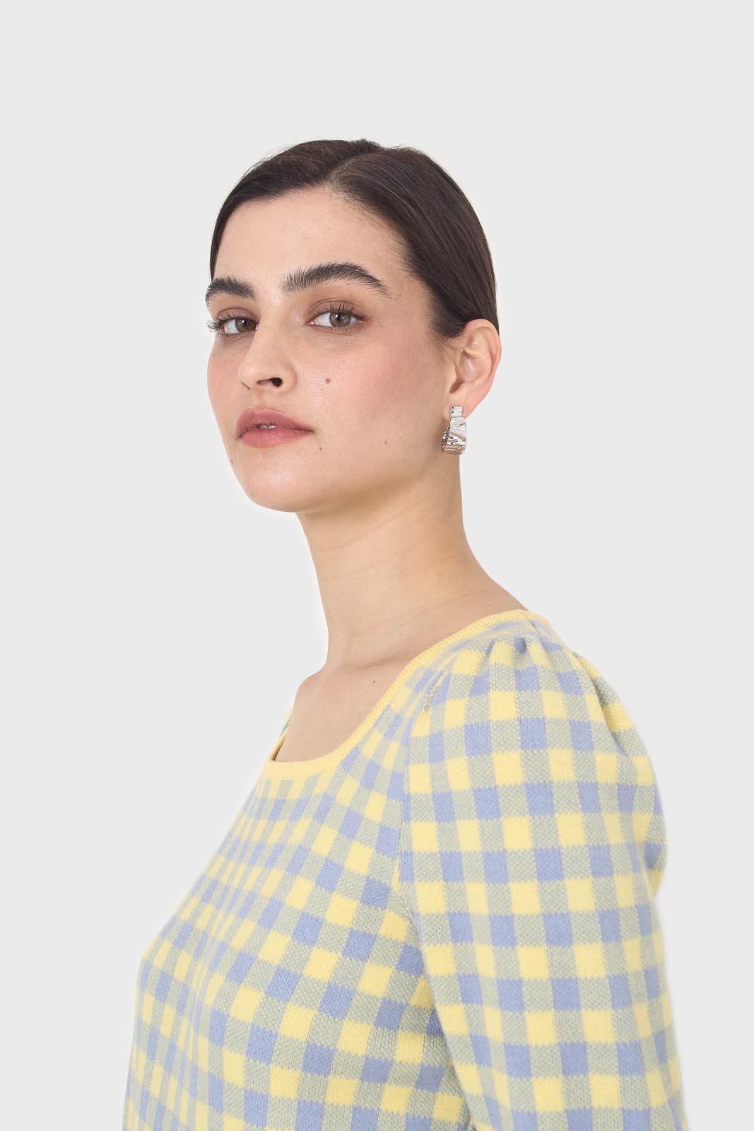 Yellow and blue checked knit top