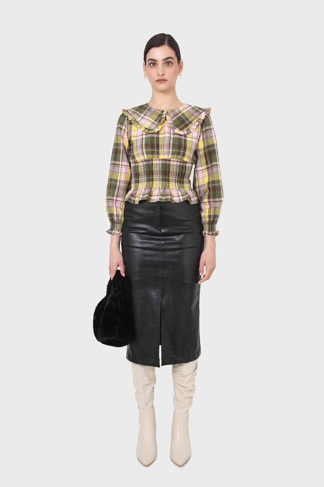 Lilac and green checked large collar blouse