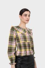 Lilac and green checked large collar blouse