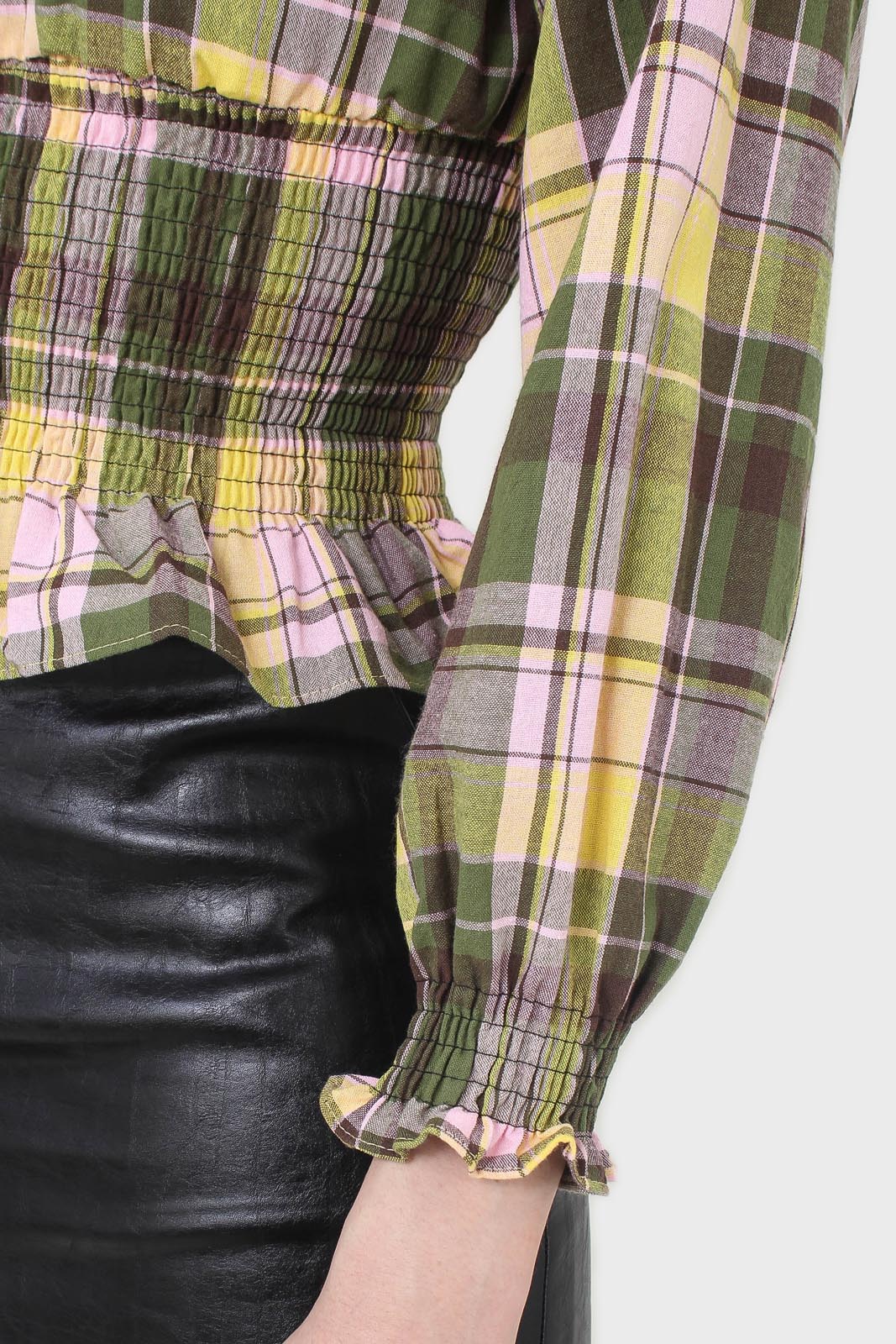 Lilac and green checked large collar blouse