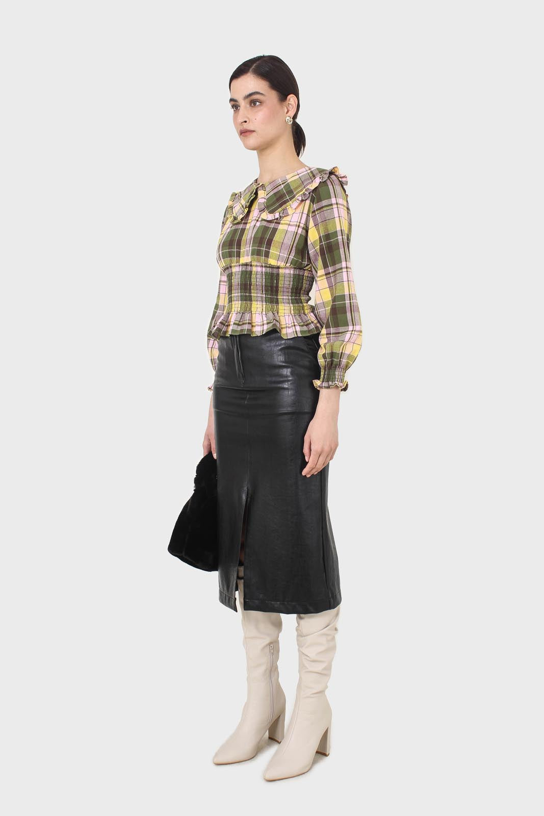 Lilac and green checked large collar blouse