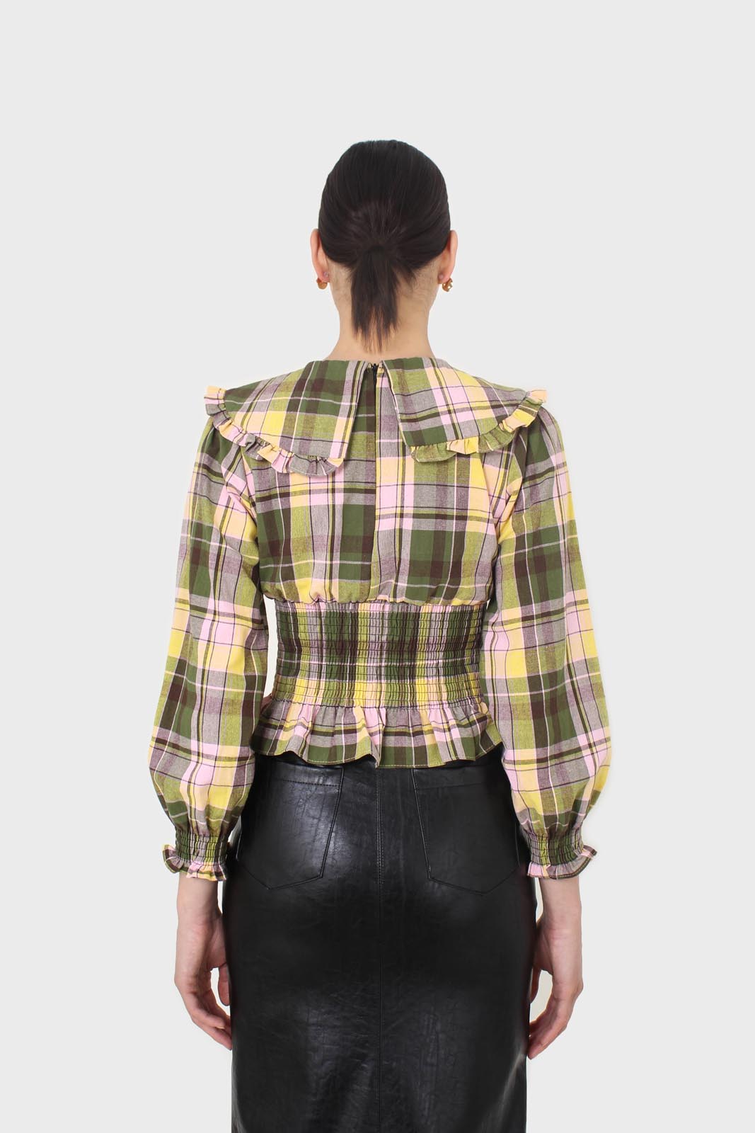 Lilac and green checked large collar blouse