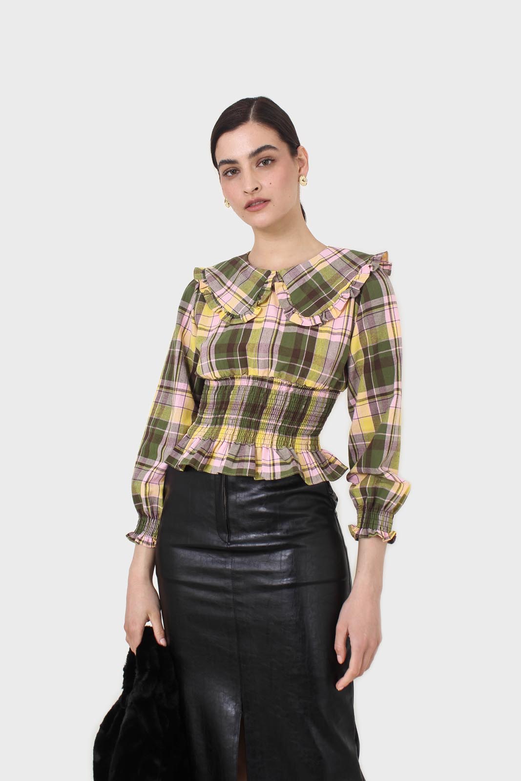 Lilac and green checked large collar blouse