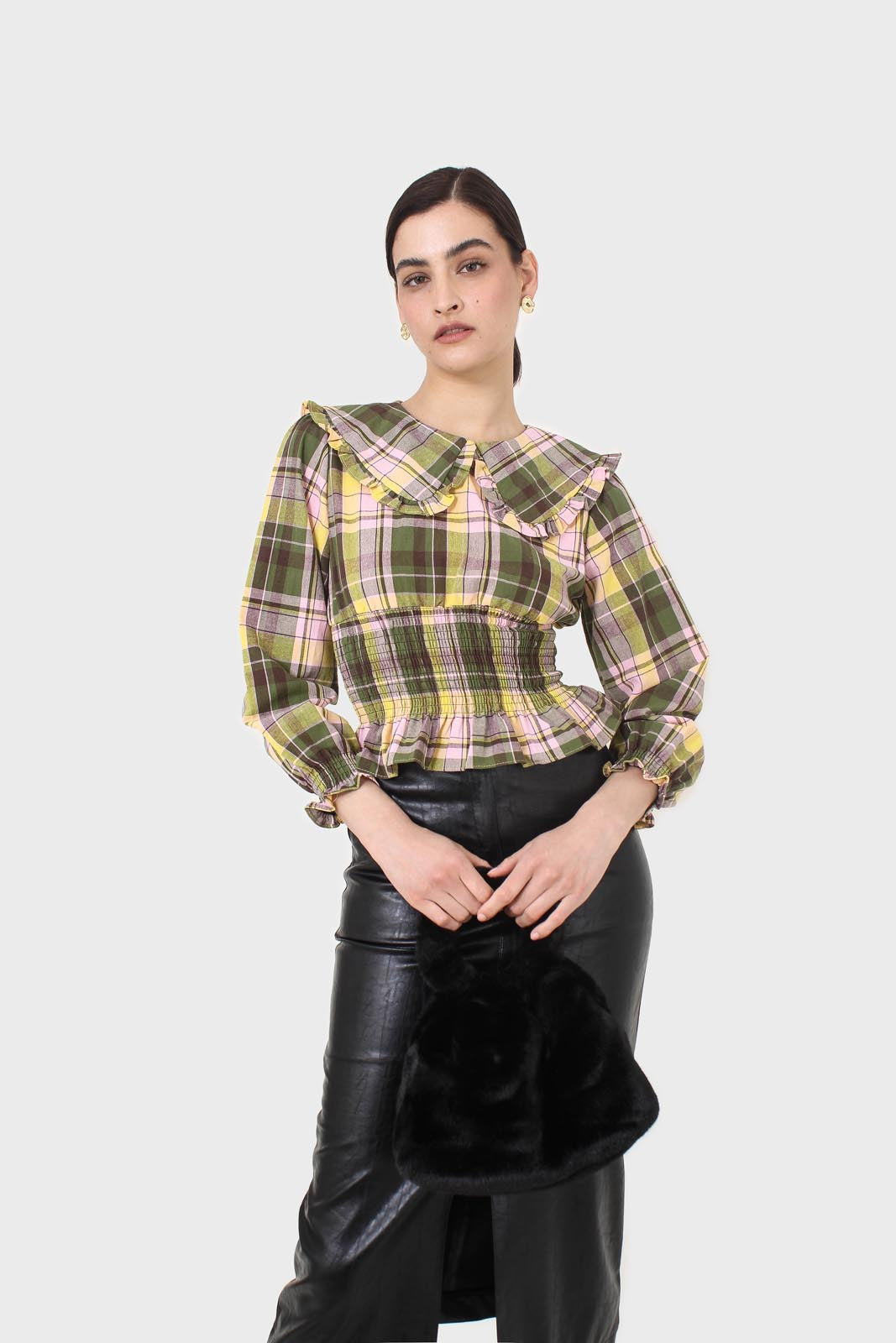 Lilac and green checked large collar blouse