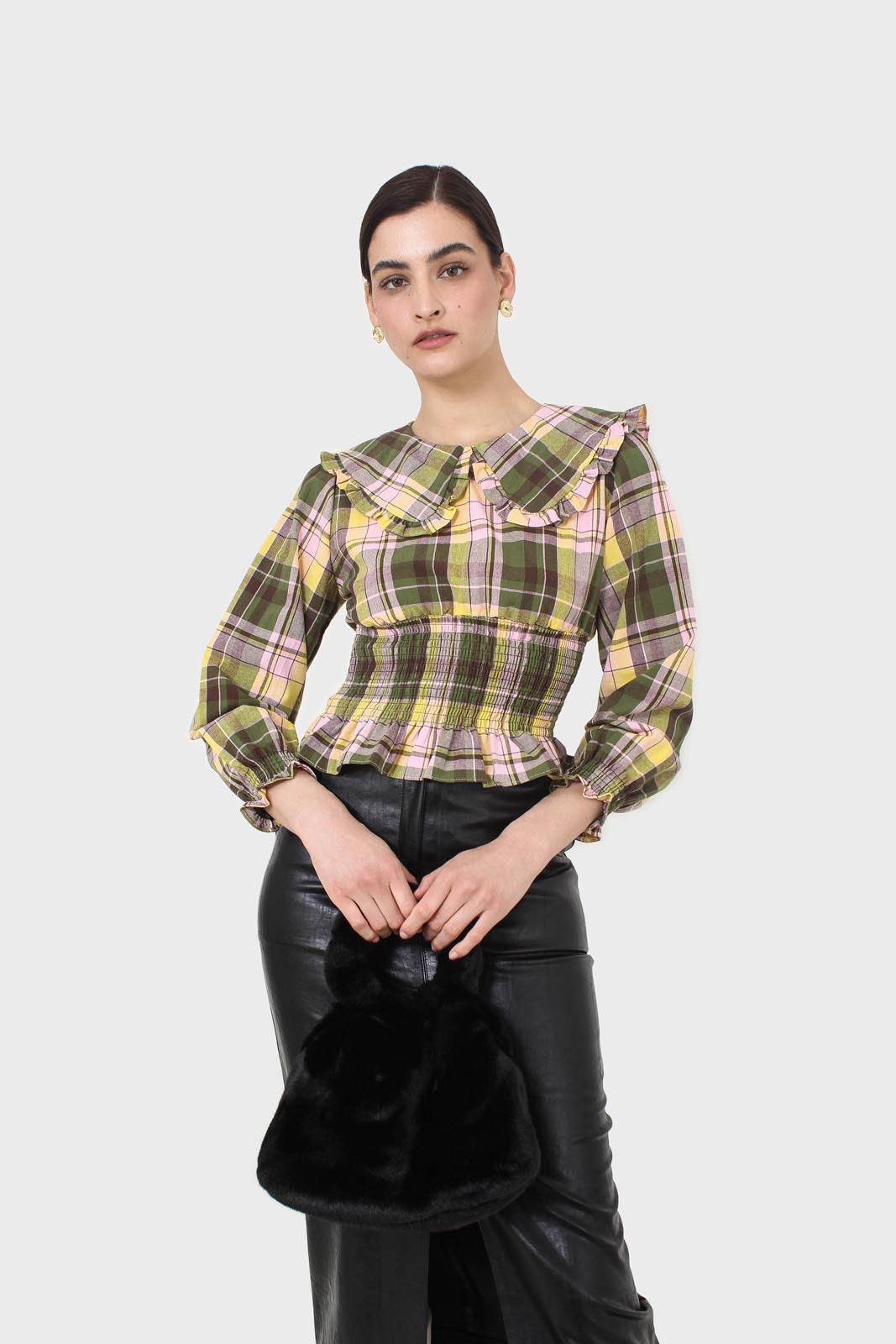 Lilac and green checked large collar blouse