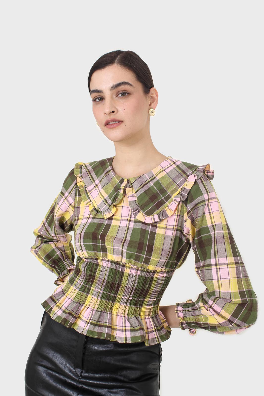Lilac and green checked large collar blouse