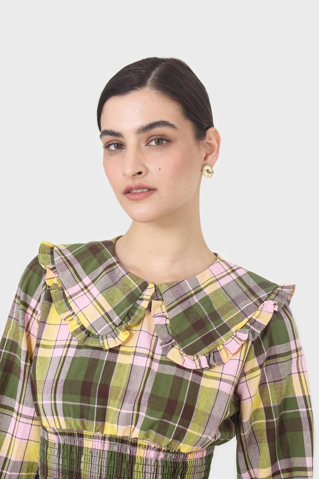 Lilac and green checked large collar blouse