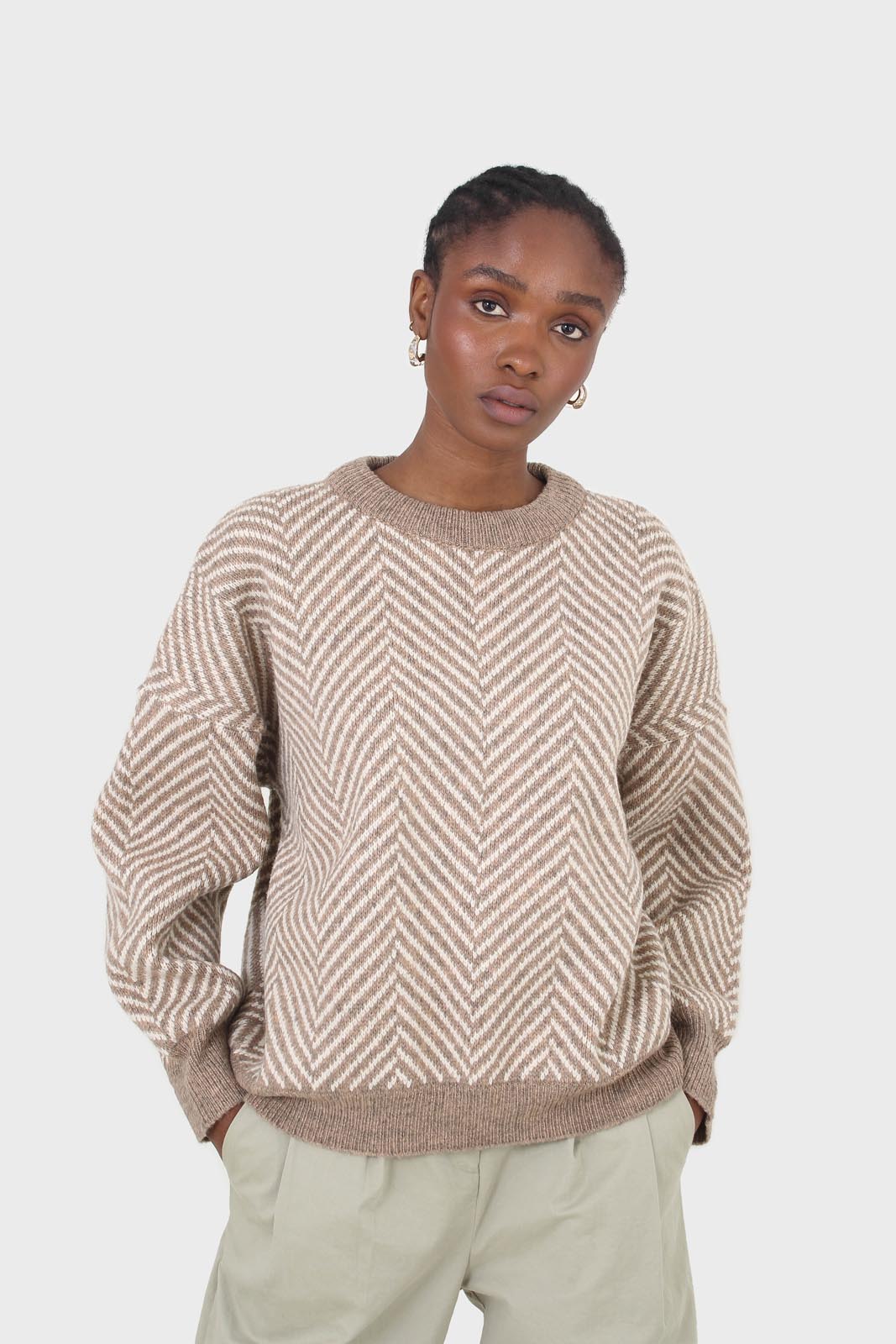 Brown and ivory herringbone jumper