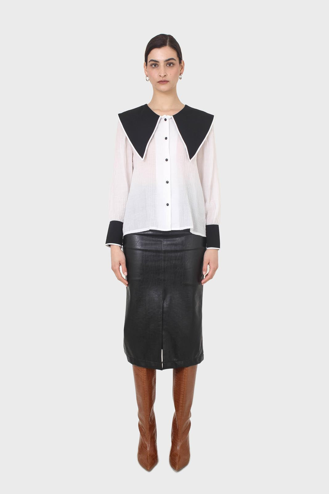 Ivory and black oversized pointed collar blouse