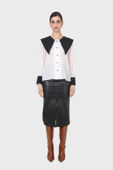 Ivory and black oversized pointed collar blouse