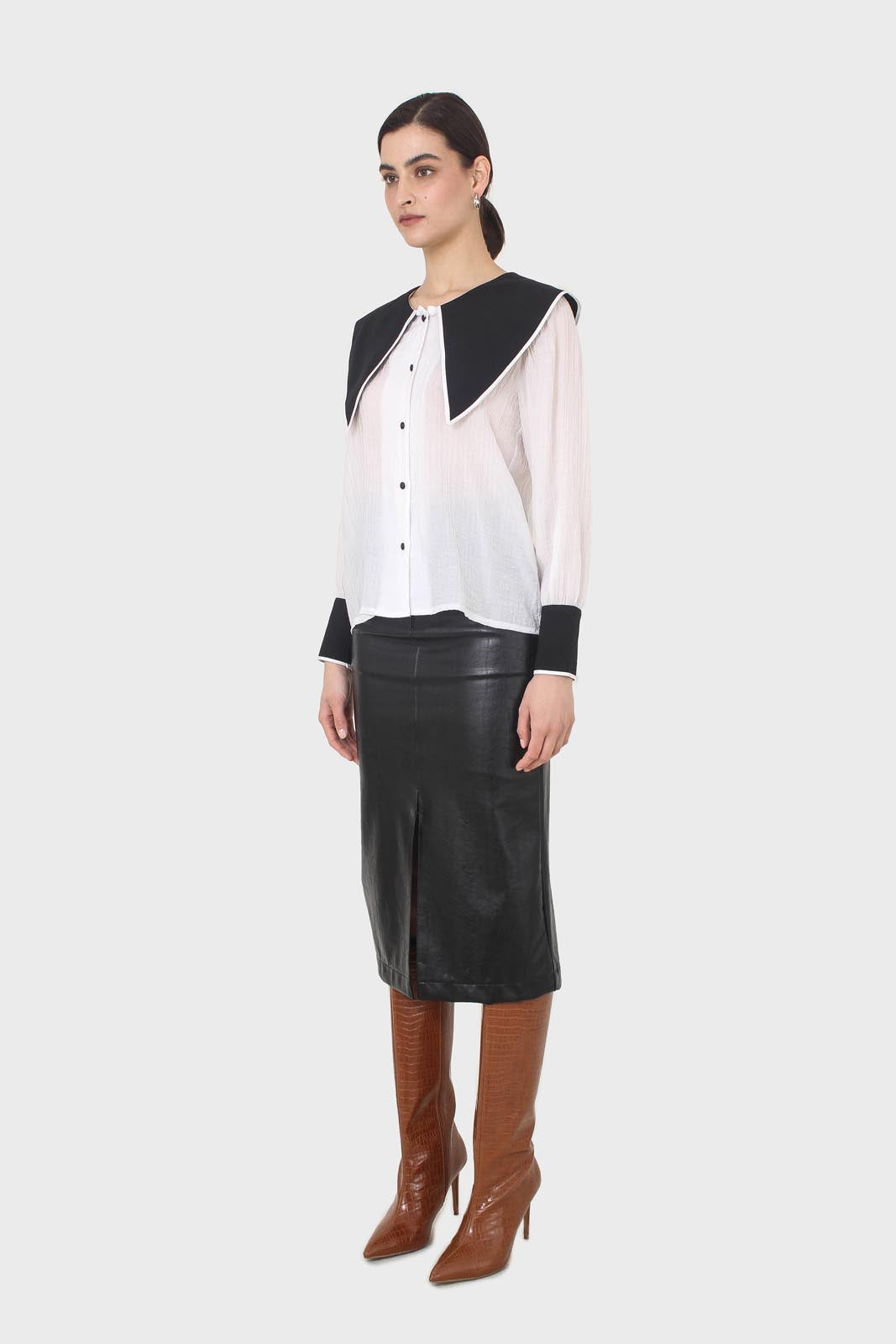 Ivory and black oversized pointed collar blouse