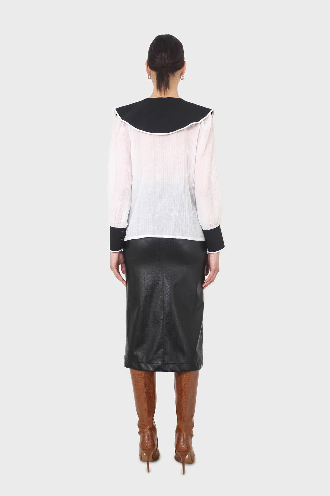 Ivory and black oversized pointed collar blouse