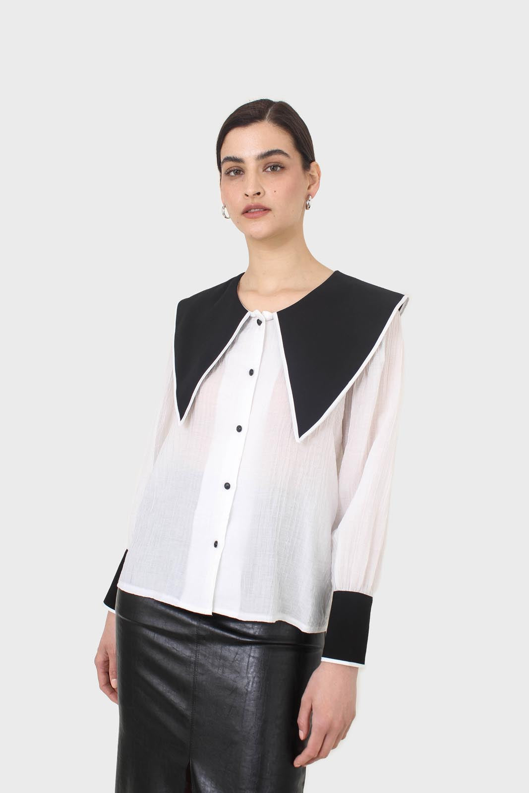 Ivory and black oversized pointed collar blouse